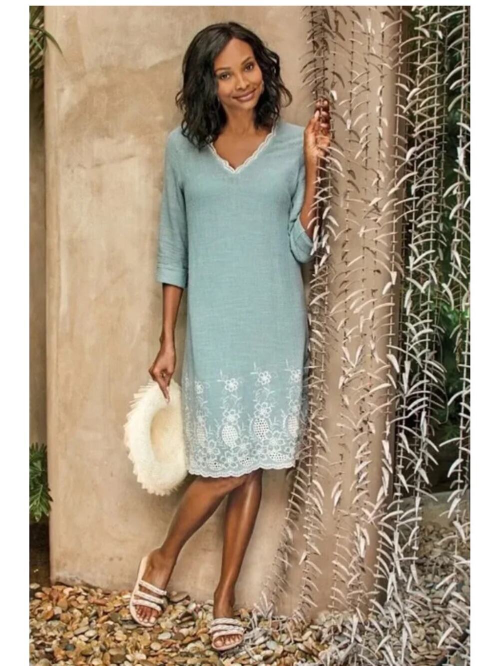 Soft Surroundings Pissarro Embroidered Shift Dress Seafoam Green Women's Medium
